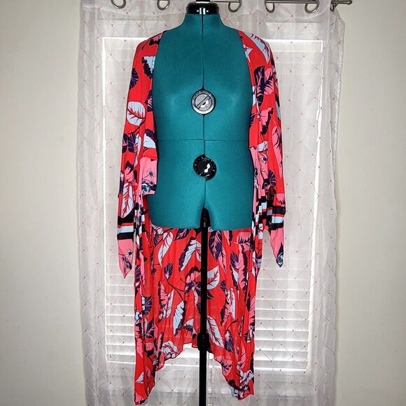 Express Red Hawaiian Flower Floral Maxi Kimono‎ Duster Topper One Size NWT - Picture 1 of 8